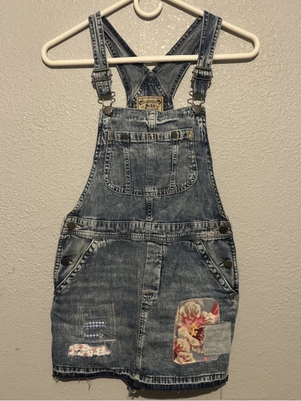 VTG Y2K Polo Ralph Lauren Denim Jean Patchwork Pink Short Overall Dress Girls 10